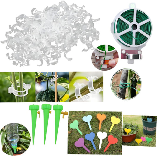 50Pcs Tomato Clips, Plastic Plant Clips for Support, Grape Vine,Tomato Vine,Plants with Twist Ties(164Feet/50m) and 9Pcs Plastic Plant Name Tags,3Pcs Plant Wartering Spikes.