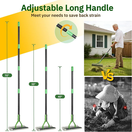 Thatch Rake, 13" Wide Efficient Dethatcher Rake with 55" Adjustable Long Handle, Heavy Duty Steel Metal Dethatching Rakes for Cleaning Dead Grass, Loosening Soil, Lawn Care in Yard Garden