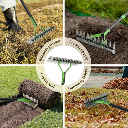 Thatch Rake, 13" Wide Efficient Dethatcher Rake with 55" Adjustable Long Handle, Heavy Duty Steel Metal Dethatching Rakes for Cleaning Dead Grass, Loosening Soil, Lawn Care in Yard Garden