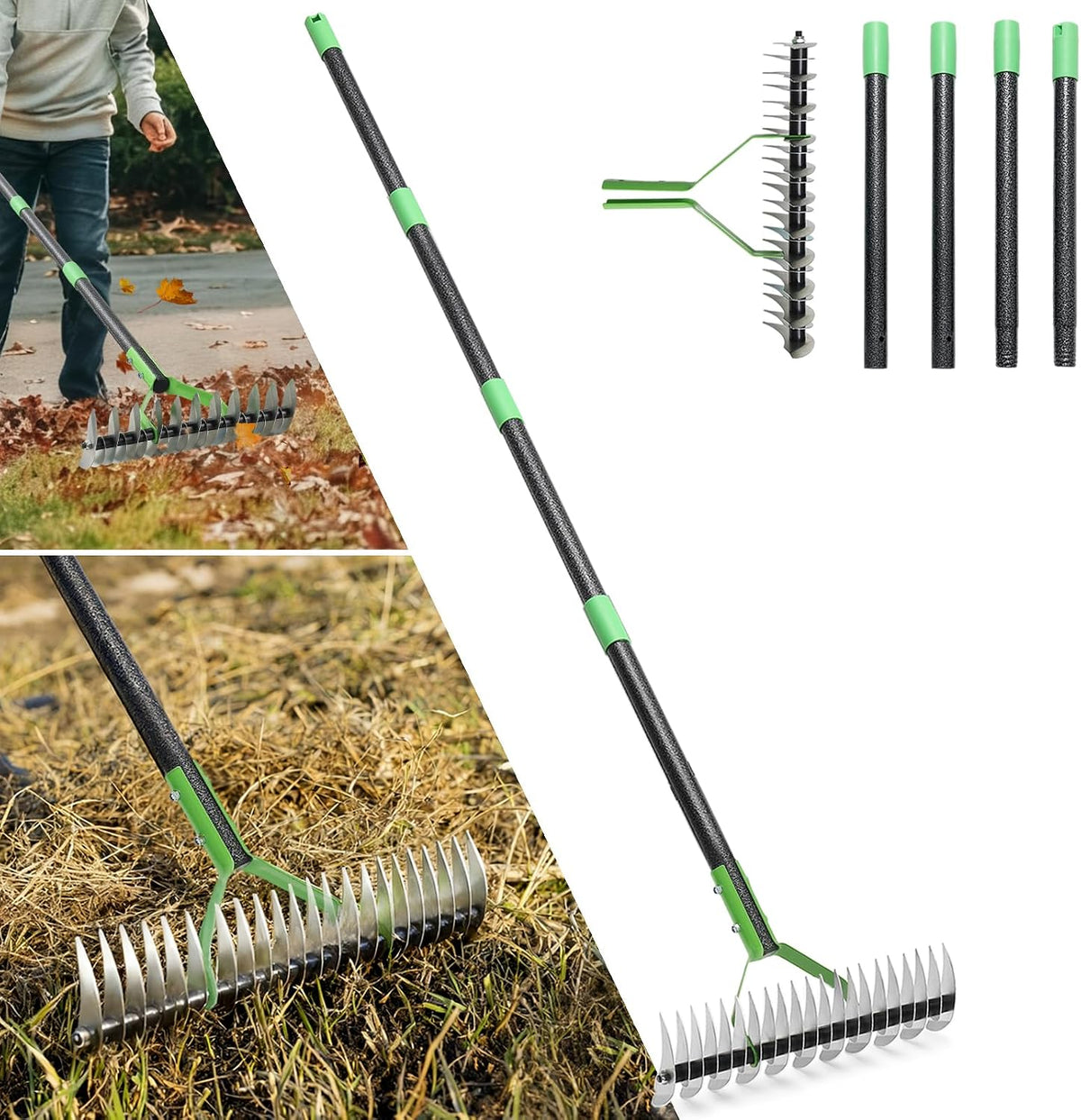 Thatch Rake, 13" Wide Efficient Dethatcher Rake with 55" Adjustable Long Handle, Heavy Duty Steel Metal Dethatching Rakes for Cleaning Dead Grass, Loosening Soil, Lawn Care in Yard Garden