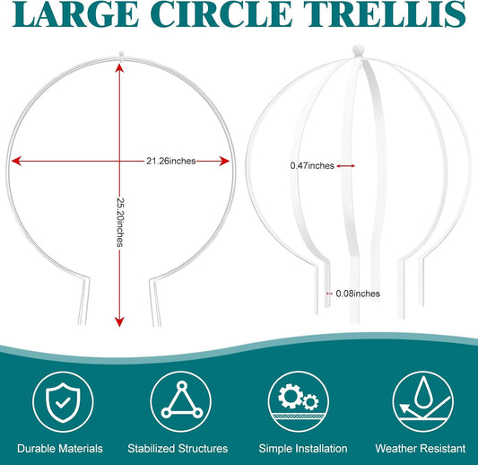2 Pcs Large Metal Trellis Obelisks Sturdy Round Circle Trellis for Climbing Plant Support Indoor Outdoor Potted Vines, Cucumbers & Flowers, Patio Doorway Garden Decor (White, 25.20" x 21.26'')