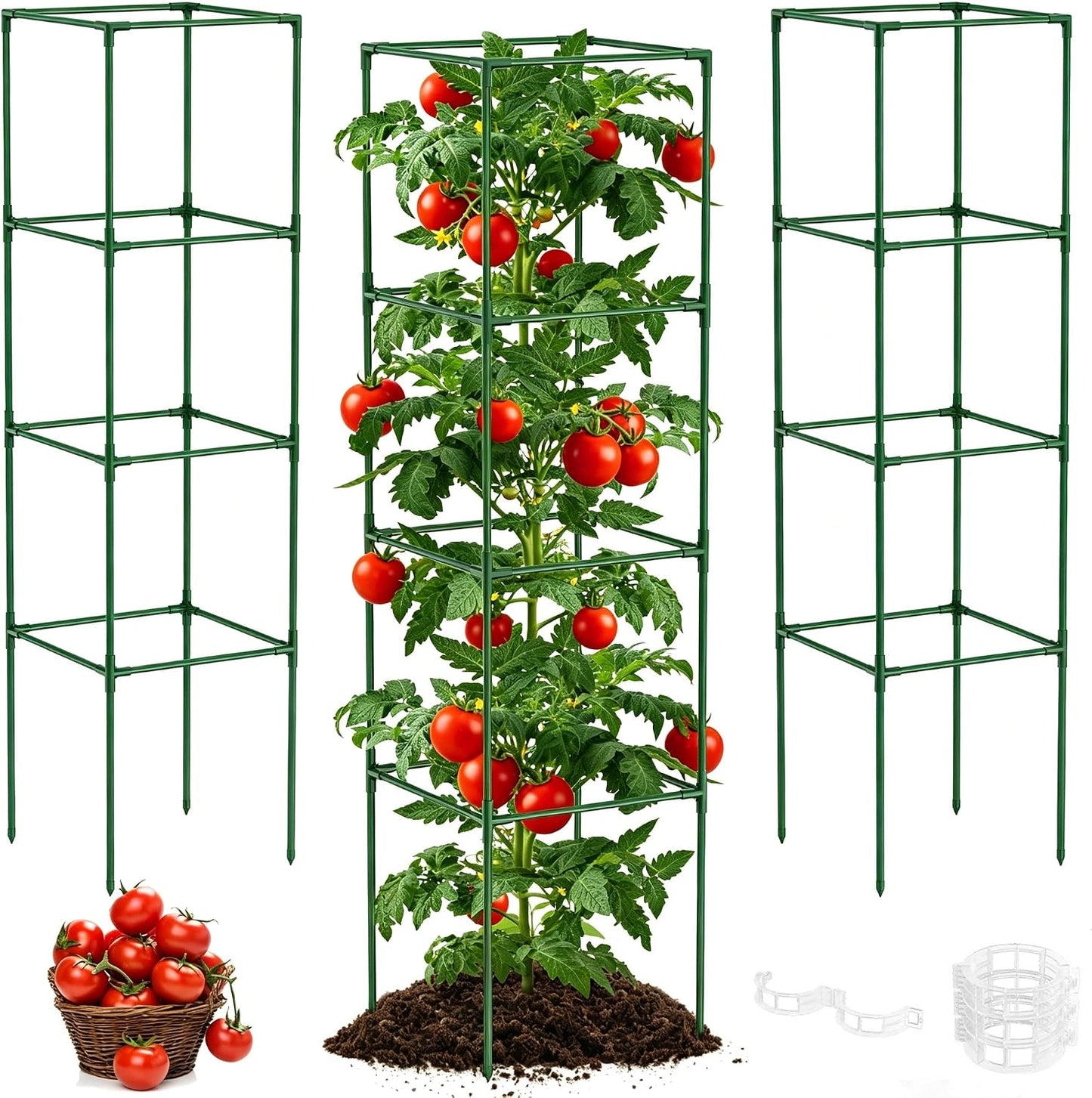 3 Pack Tomato Cage, 16" W x 66" H Tomato Trellis, with 50 Pcs Clips