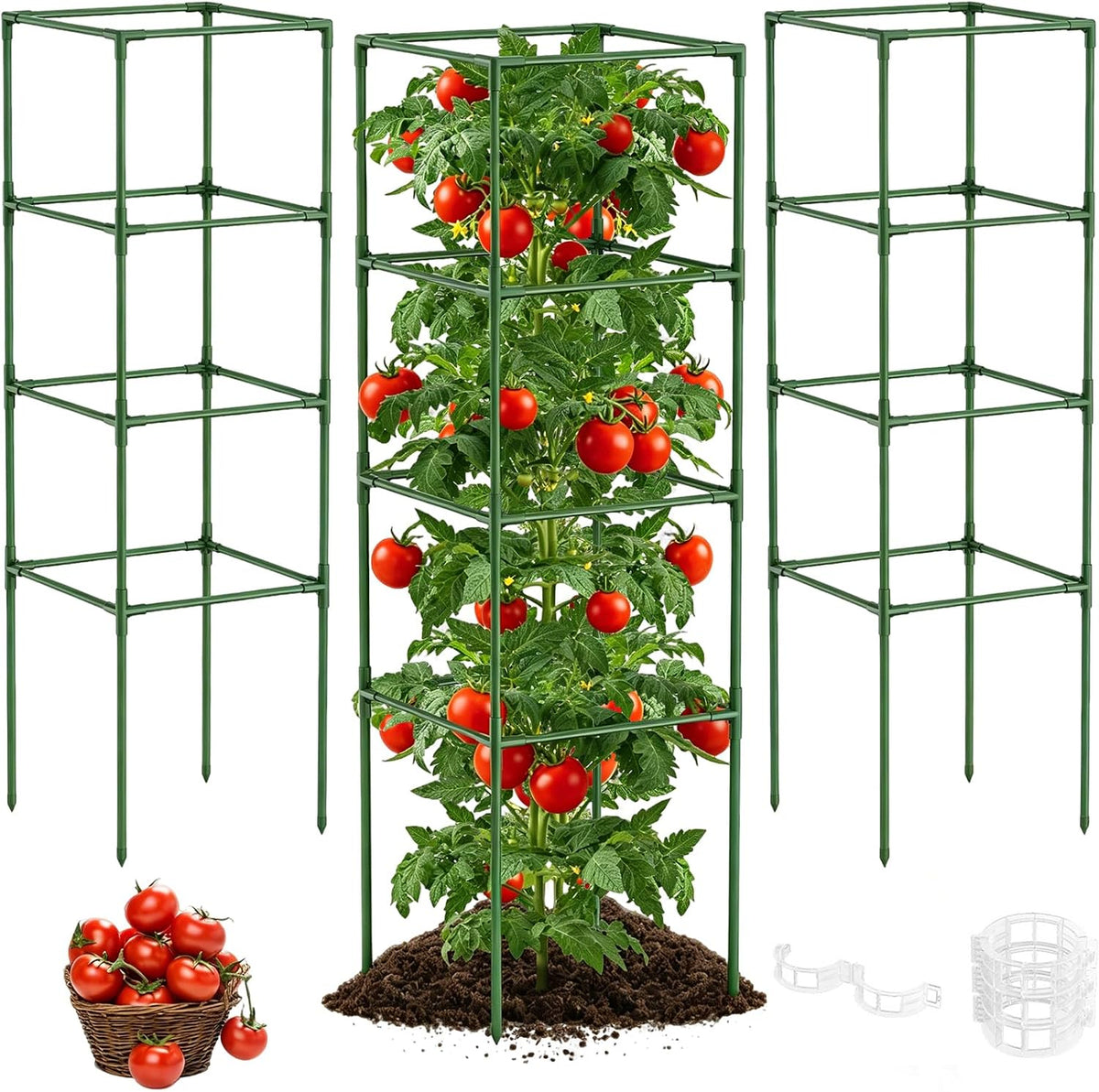 3 Pack Tomato Cage, 16" W x 66" H Tomato Trellis, with 50 Pcs Clips