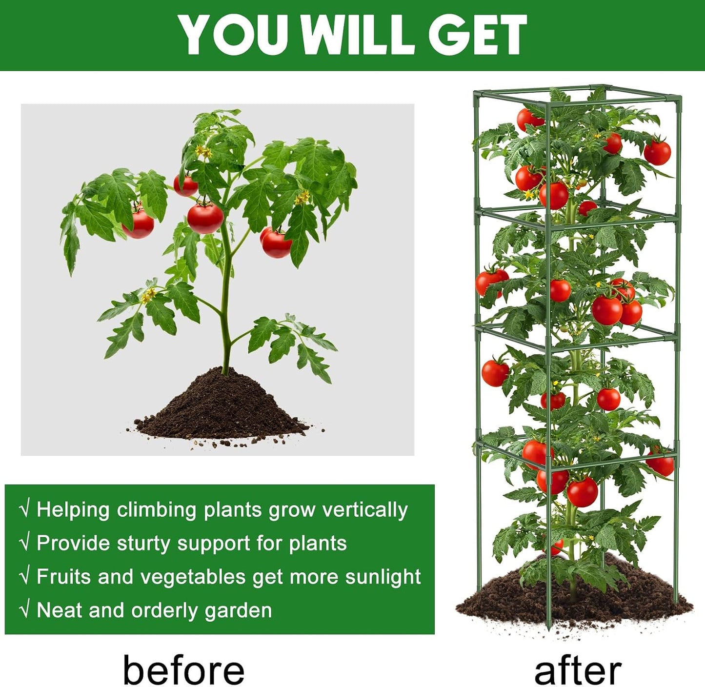 3 Pack Tomato Cage, 16" W x 66" H Tomato Trellis, with 50 Pcs Clips