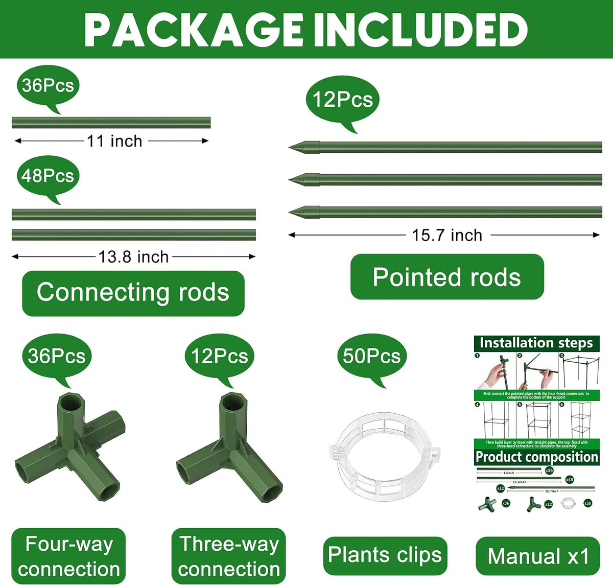 3 Pack Tomato Cage, 16" W x 66" H Tomato Trellis, with 50 Pcs Clips