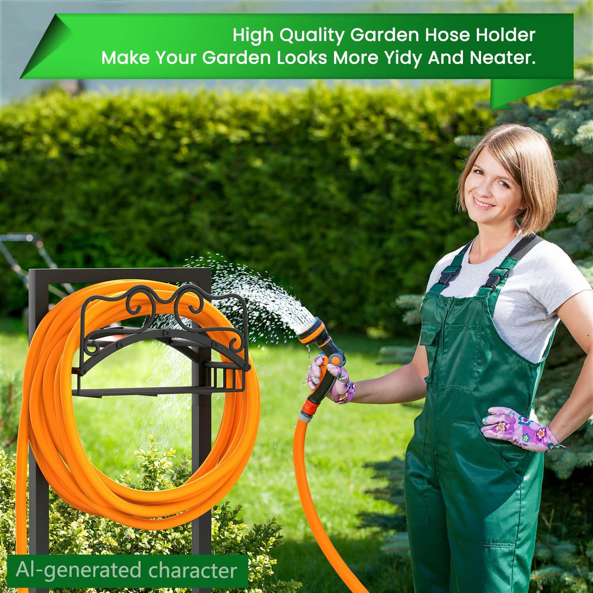 Garden Hose Holder, Heavy Duty Metal Water Hose Holder with 4 Spikes Outdoor Freestanding Hose Hanger Detachable Sturdy Hose Stand Holds 150-feet Hose, Garden Hose Storage Rack for Outside Yard Lawn
