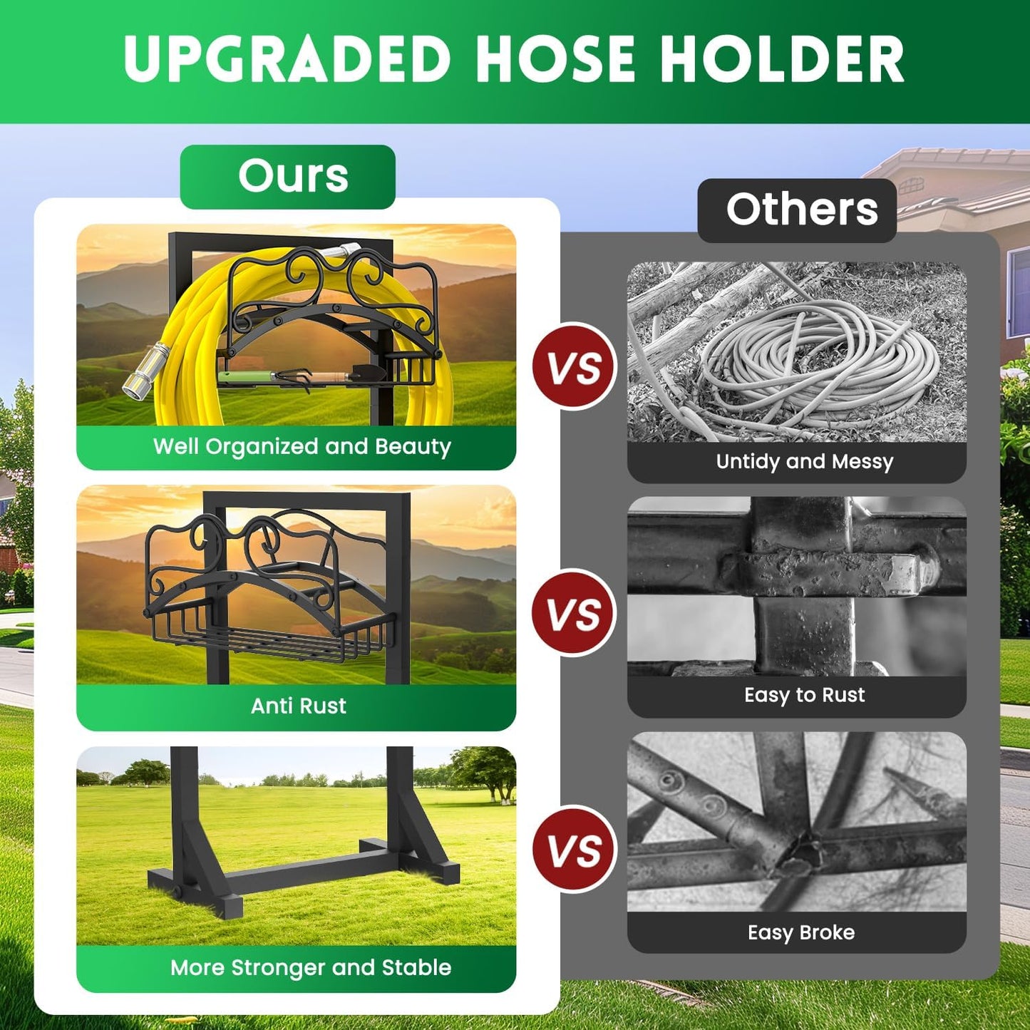 Garden Hose Holder, Heavy Duty Metal Water Hose Holder with 4 Spikes Outdoor Freestanding Hose Hanger Detachable Sturdy Hose Stand Holds 150-feet Hose, Garden Hose Storage Rack for Outside Yard Lawn