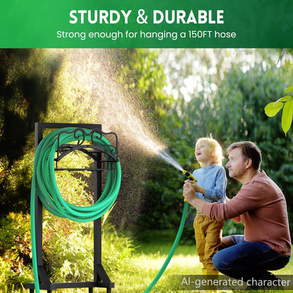 Garden Hose Holder, Heavy Duty Metal Water Hose Holder with 4 Spikes Outdoor Freestanding Hose Hanger Detachable Sturdy Hose Stand Holds 150-feet Hose, Garden Hose Storage Rack for Outside Yard Lawn