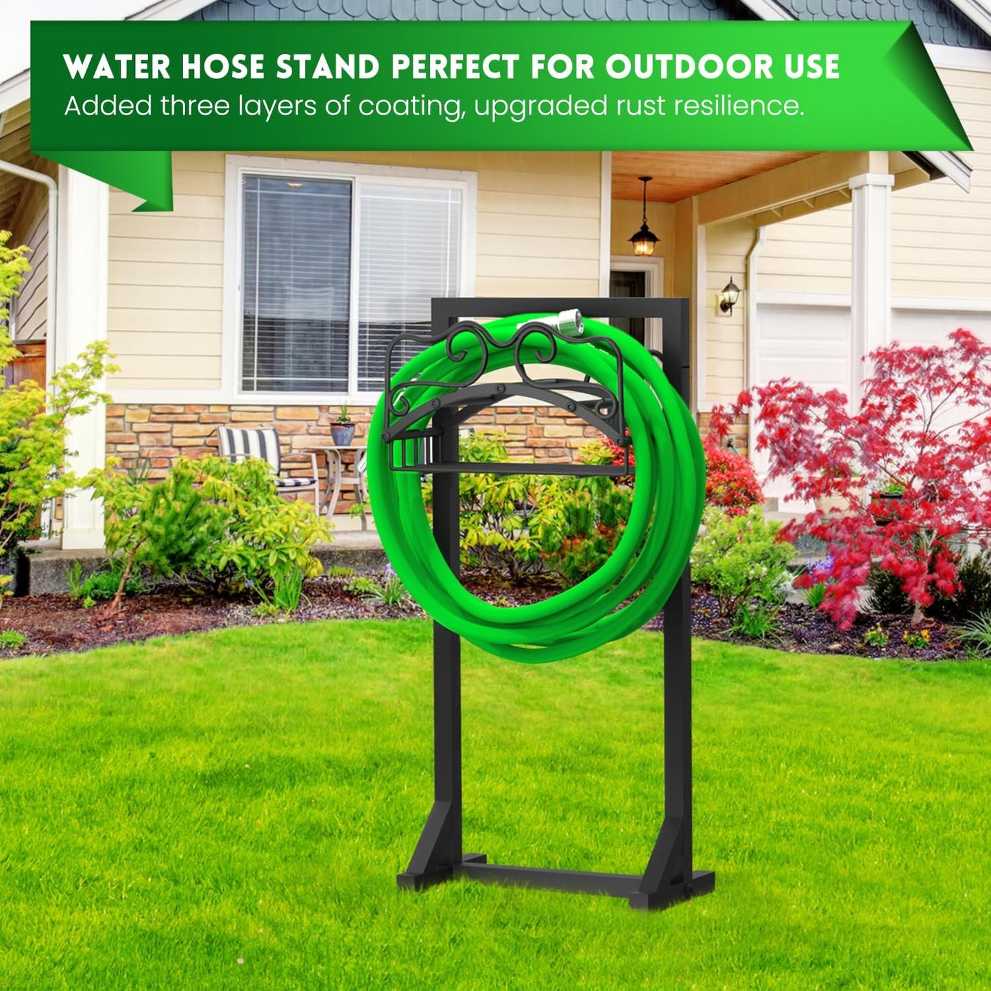 Garden Hose Holder, Heavy Duty Metal Water Hose Holder with 4 Spikes Outdoor Freestanding Hose Hanger Detachable Sturdy Hose Stand Holds 150-feet Hose, Garden Hose Storage Rack for Outside Yard Lawn