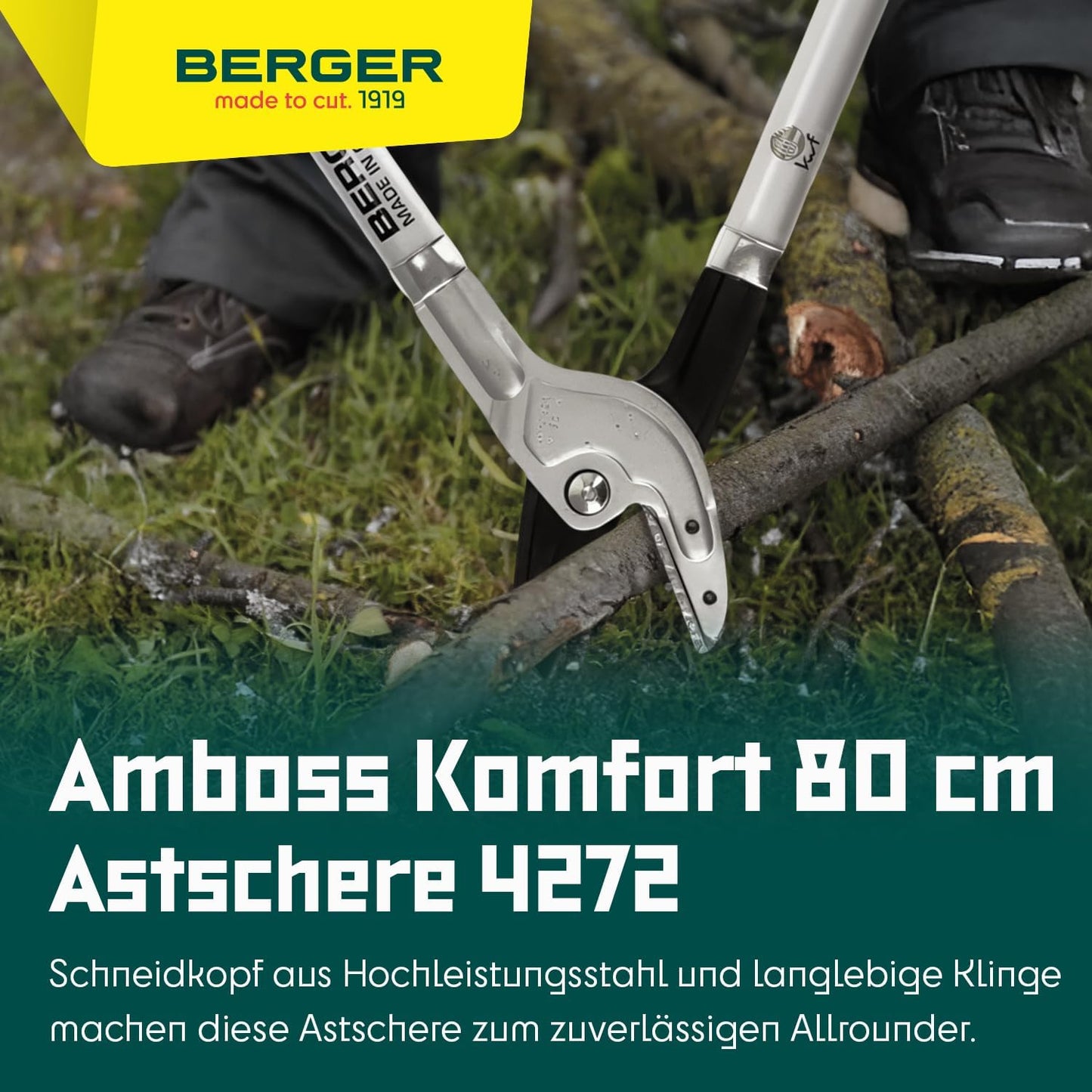 BERGER Anvil Lopping Shears – Professional 31.5" Tree Trimmer with Steel Cutting Blades, Cuts Branches Up to 1.57" Thick, Replaceable Anvil, Aluminum Handles – 4272