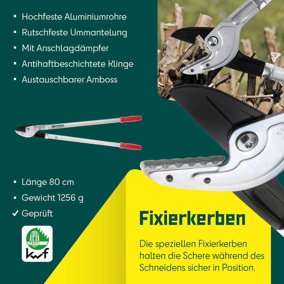 BERGER Anvil Lopping Shears – Professional 31.5" Tree Trimmer with Steel Cutting Blades, Cuts Branches Up to 1.57" Thick, Replaceable Anvil, Aluminum Handles – 4272