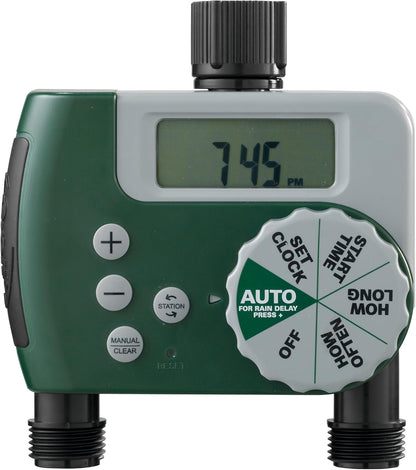 Programmable Digital Hose Watering Timer - 2 Outlet - Battery Powered - with LCD Screen - Built-in Rain Delay - Water-Resistant - 58910