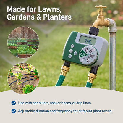 Programmable Digital Hose Watering Timer - 2 Outlet - Battery Powered - with LCD Screen - Built-in Rain Delay - Water-Resistant - 58910