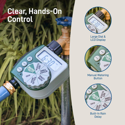 Programmable Digital Hose Watering Timer - 2 Outlet - Battery Powered - with LCD Screen - Built-in Rain Delay - Water-Resistant - 58910