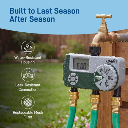 Programmable Digital Hose Watering Timer - 2 Outlet - Battery Powered - with LCD Screen - Built-in Rain Delay - Water-Resistant - 58910