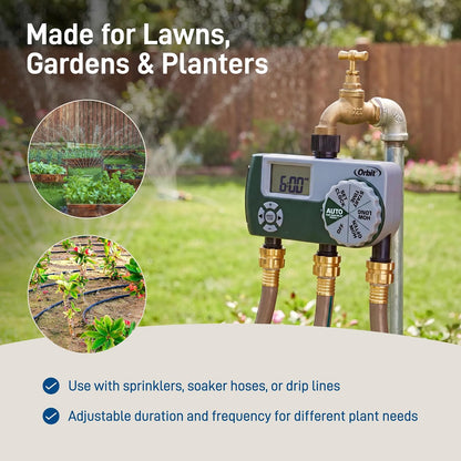 Programmable Digital Hose Watering Timer - 2 Outlet - Battery Powered - with LCD Screen - Built-in Rain Delay - Water-Resistant - 58910