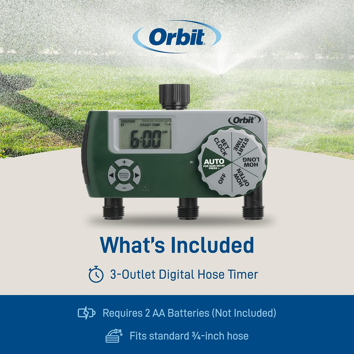 Programmable Digital Hose Watering Timer - 2 Outlet - Battery Powered - with LCD Screen - Built-in Rain Delay - Water-Resistant - 58910