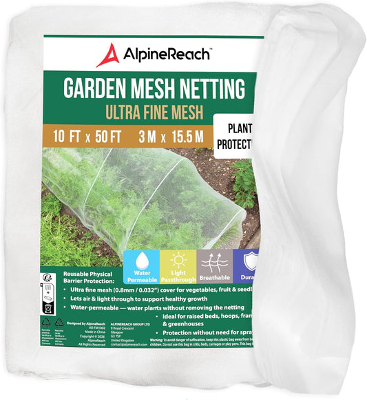 Garden Netting Ultra Fine Mesh 10 x 50 ft - Durable Protection Barrier Net Cover for Vegetable Plants Fruits Flowers Crops Greenhouse Row Cover Raised Bed