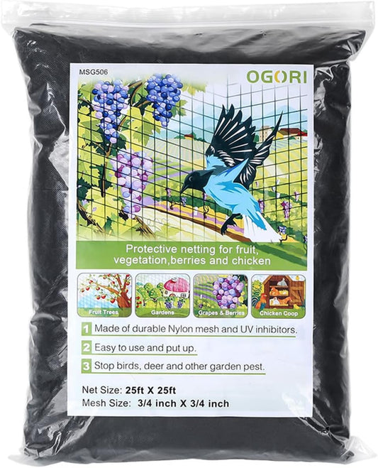 25' x 25' Bird Netting Heavy Duty Nylon 3/4" Mesh Garden Netting Protect Fruit Trees, Plants and Vegetables
