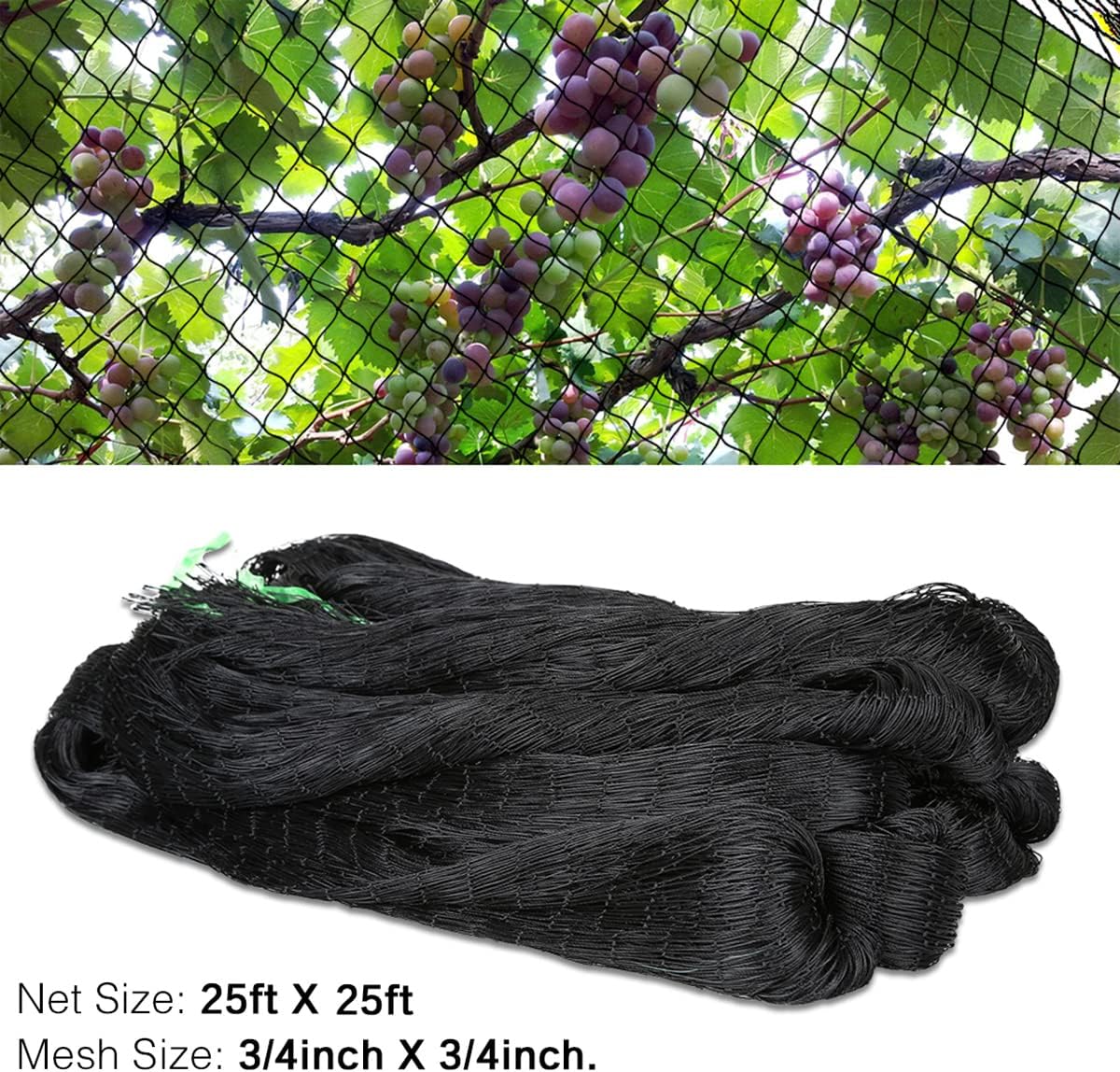 25' x 25' Bird Netting Heavy Duty Nylon 3/4" Mesh Garden Netting Protect Fruit Trees, Plants and Vegetables