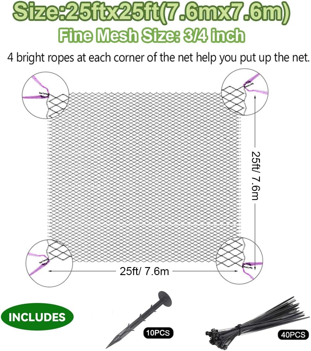 25' x 25' Bird Netting Heavy Duty Nylon 3/4" Mesh Garden Netting Protect Fruit Trees, Plants and Vegetables