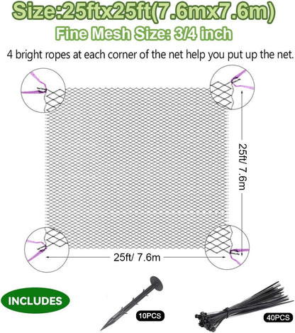 25' x 25' Bird Netting Heavy Duty Nylon 3/4" Mesh Garden Netting Protect Fruit Trees, Plants and Vegetables
