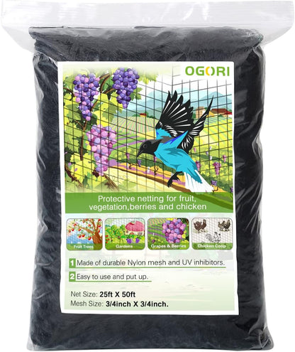 25' x 25' Bird Netting Heavy Duty Nylon 3/4" Mesh Garden Netting Protect Fruit Trees, Plants and Vegetables