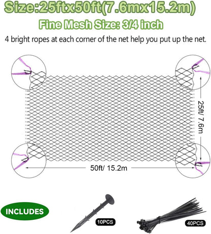 25' x 25' Bird Netting Heavy Duty Nylon 3/4" Mesh Garden Netting Protect Fruit Trees, Plants and Vegetables