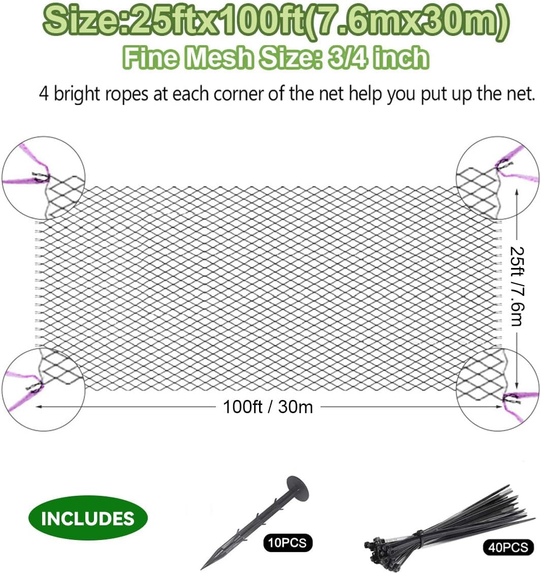 25' x 25' Bird Netting Heavy Duty Nylon 3/4" Mesh Garden Netting Protect Fruit Trees, Plants and Vegetables
