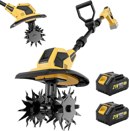21V Cordless Tiller Cultivator, 2x4.0Ah Battery Powered Electric Garden Tiller, 360RPM Rototiller with 48 Steel Tines, 9.7" Width & 7" Depth, Lightweight Soil Tiller for Gardening