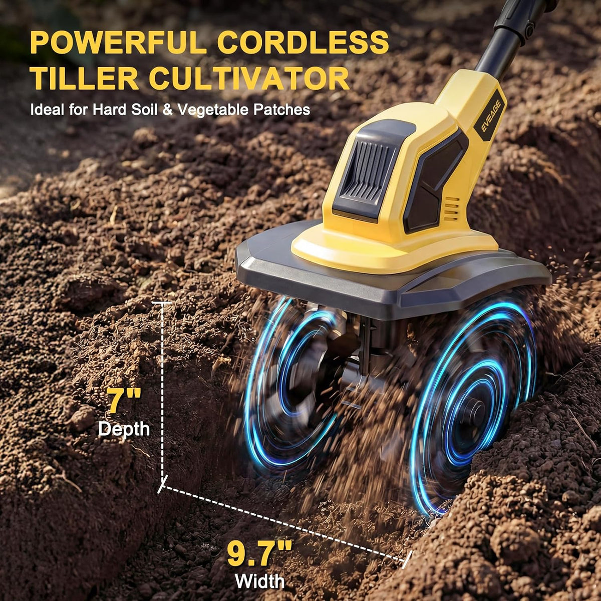 21V Cordless Tiller Cultivator, 2x4.0Ah Battery Powered Electric Garden Tiller, 360RPM Rototiller with 48 Steel Tines, 9.7" Width & 7" Depth, Lightweight Soil Tiller for Gardening