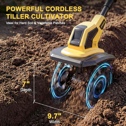 21V Cordless Tiller Cultivator, 2x4.0Ah Battery Powered Electric Garden Tiller, 360RPM Rototiller with 48 Steel Tines, 9.7" Width & 7" Depth, Lightweight Soil Tiller for Gardening
