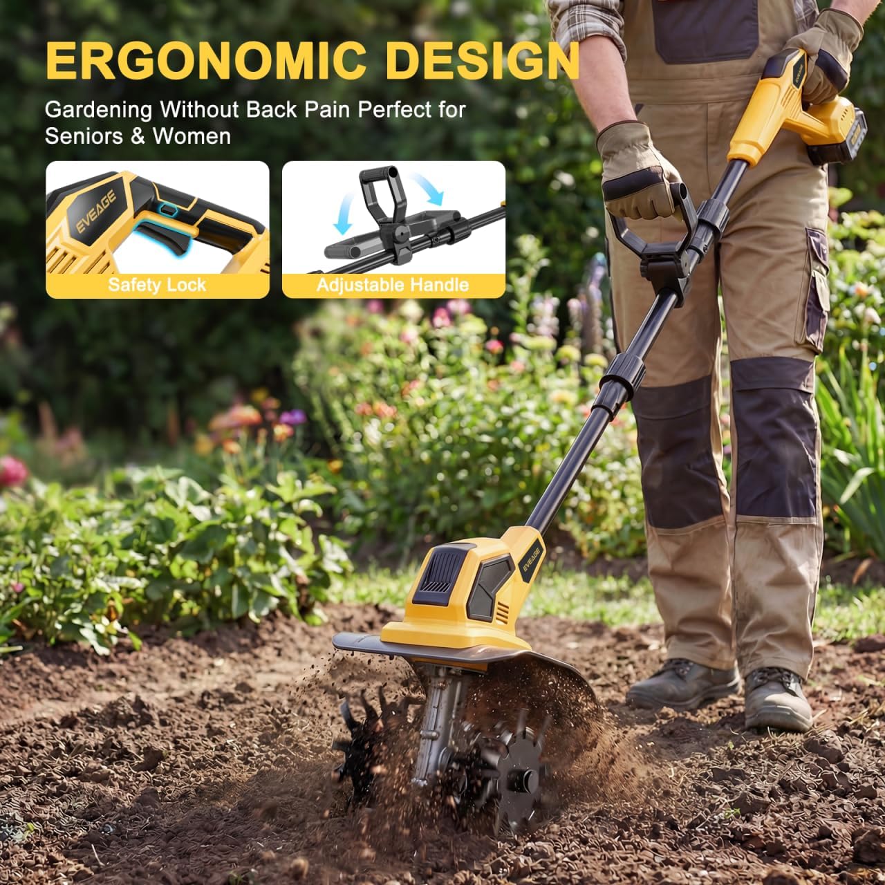 21V Cordless Tiller Cultivator, 2x4.0Ah Battery Powered Electric Garden Tiller, 360RPM Rototiller with 48 Steel Tines, 9.7" Width & 7" Depth, Lightweight Soil Tiller for Gardening