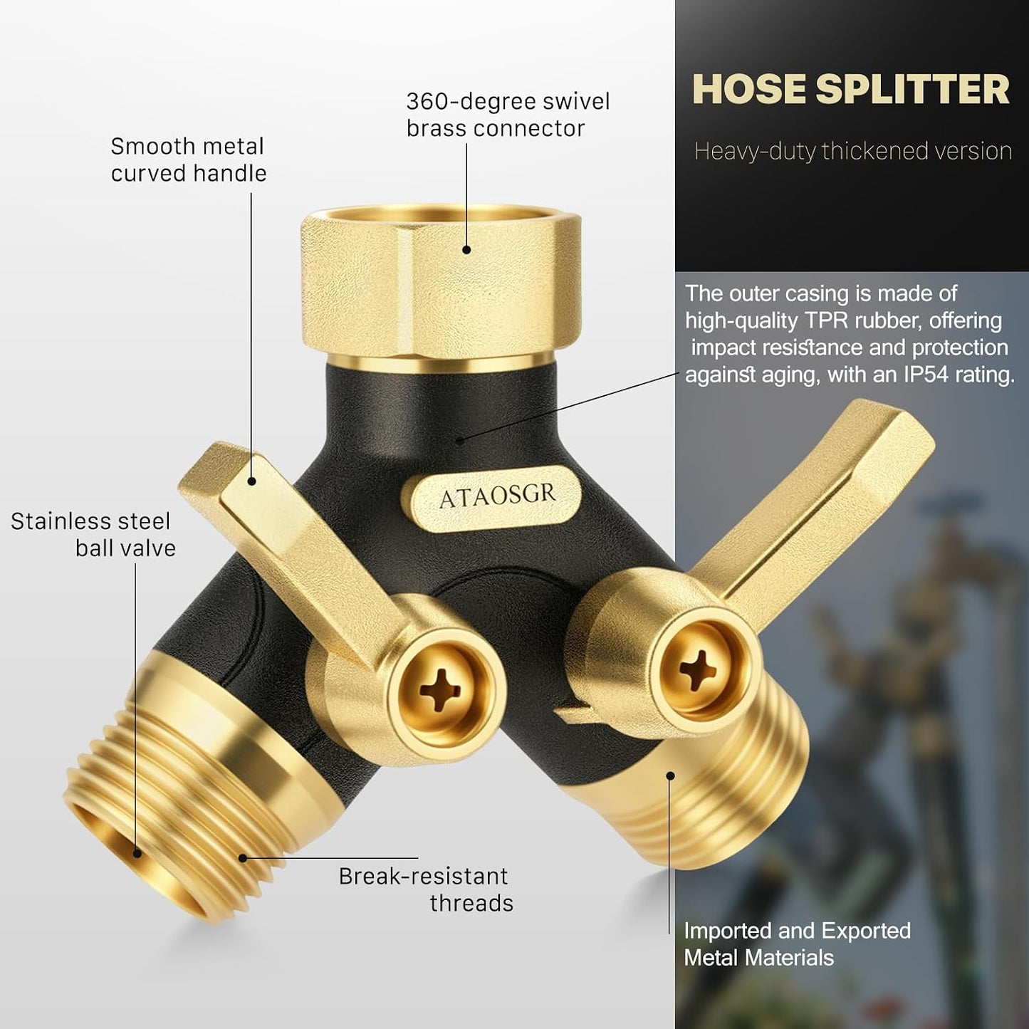 Garden Hose Splitter 2 Way Heavy Duty, Metal Body Water Hose Splitter with Shut-Off Valve, Full Flow Hose Bib Splitter, 3/4'' GHT Y Hose Connector For Outdoor Spigot Faucet