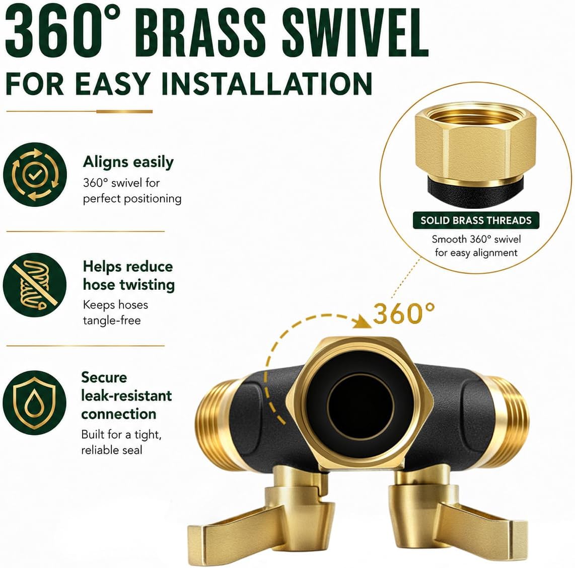 Garden Hose Splitter 2 Way Heavy Duty, Metal Body Water Hose Splitter with Shut-Off Valve, Full Flow Hose Bib Splitter, 3/4'' GHT Y Hose Connector For Outdoor Spigot Faucet