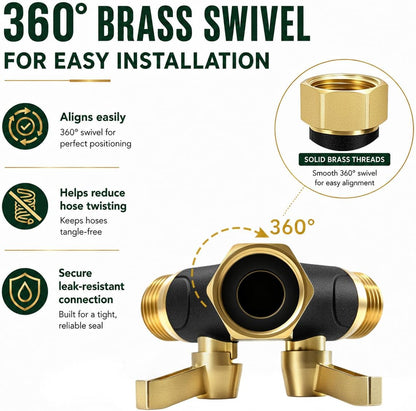 Garden Hose Splitter 2 Way Heavy Duty, Metal Body Water Hose Splitter with Shut-Off Valve, Full Flow Hose Bib Splitter, 3/4'' GHT Y Hose Connector For Outdoor Spigot Faucet