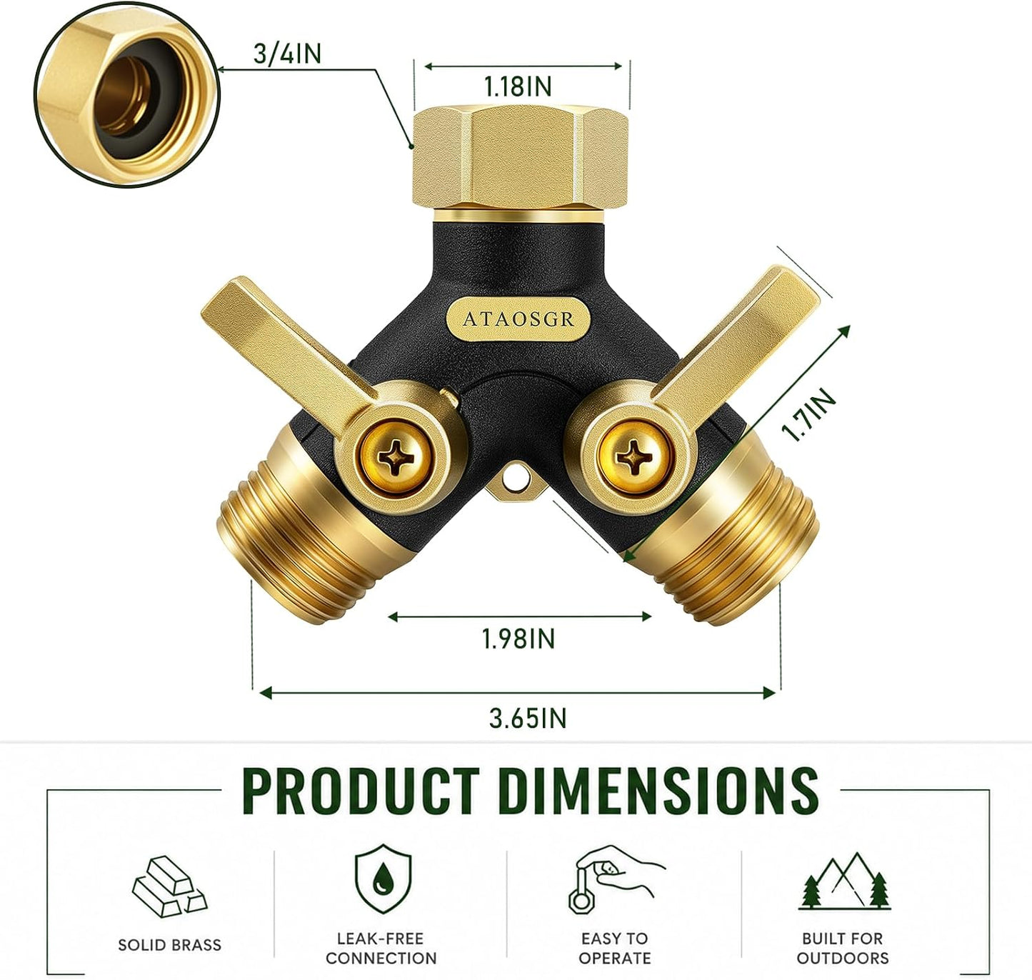 Garden Hose Splitter 2 Way Heavy Duty, Metal Body Water Hose Splitter with Shut-Off Valve, Full Flow Hose Bib Splitter, 3/4'' GHT Y Hose Connector For Outdoor Spigot Faucet
