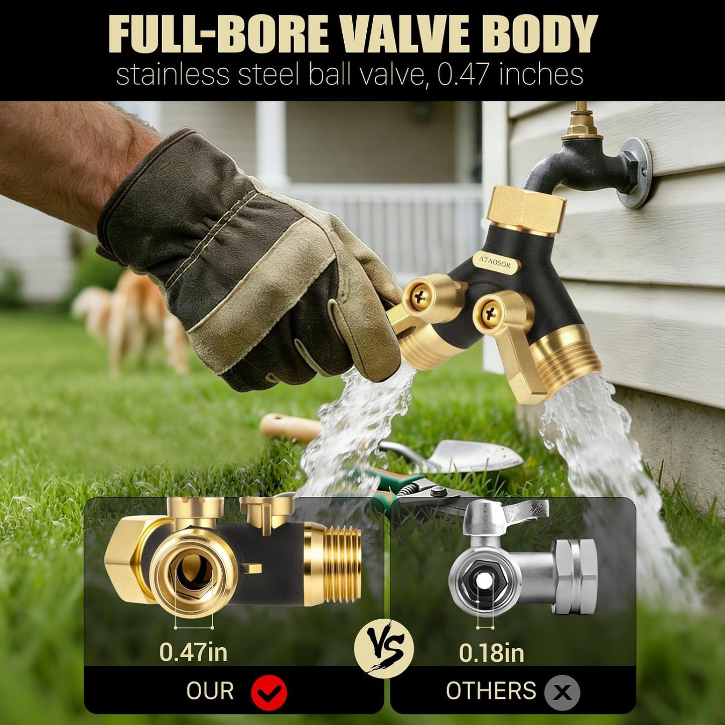Garden Hose Splitter 2 Way Heavy Duty, Metal Body Water Hose Splitter with Shut-Off Valve, Full Flow Hose Bib Splitter, 3/4'' GHT Y Hose Connector For Outdoor Spigot Faucet