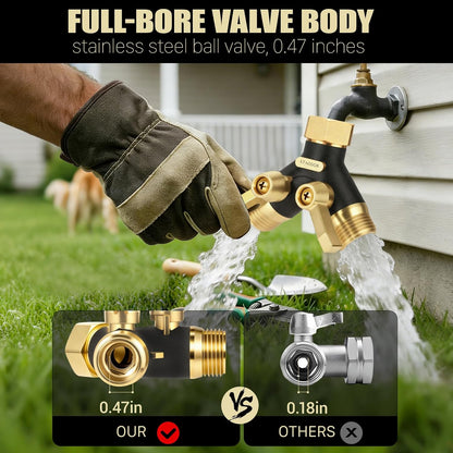 Garden Hose Splitter 2 Way Heavy Duty, Metal Body Water Hose Splitter with Shut-Off Valve, Full Flow Hose Bib Splitter, 3/4'' GHT Y Hose Connector For Outdoor Spigot Faucet