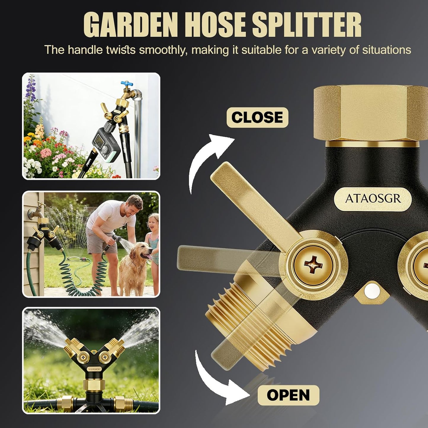 Garden Hose Splitter 2 Way Heavy Duty, Metal Body Water Hose Splitter with Shut-Off Valve, Full Flow Hose Bib Splitter, 3/4'' GHT Y Hose Connector For Outdoor Spigot Faucet