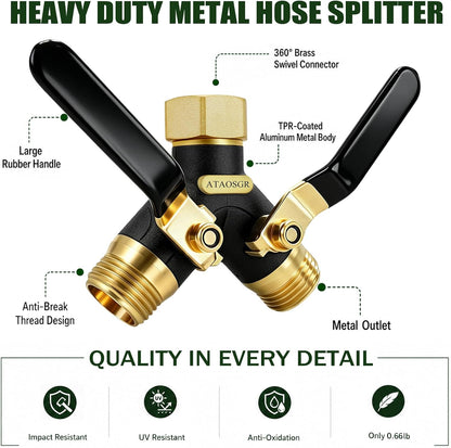 Garden Hose Splitter 2 Way Heavy Duty, Metal Body Water Hose Splitter with Shut-Off Valve, Full Flow Hose Bib Splitter, 3/4'' GHT Y Hose Connector For Outdoor Spigot Faucet