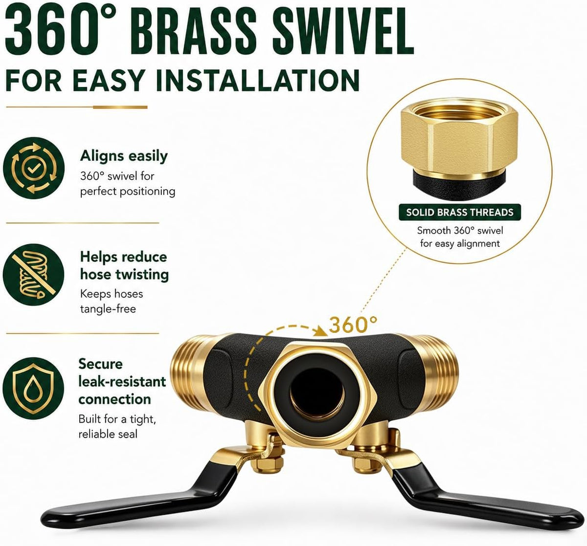 Garden Hose Splitter 2 Way Heavy Duty, Metal Body Water Hose Splitter with Shut-Off Valve, Full Flow Hose Bib Splitter, 3/4'' GHT Y Hose Connector For Outdoor Spigot Faucet