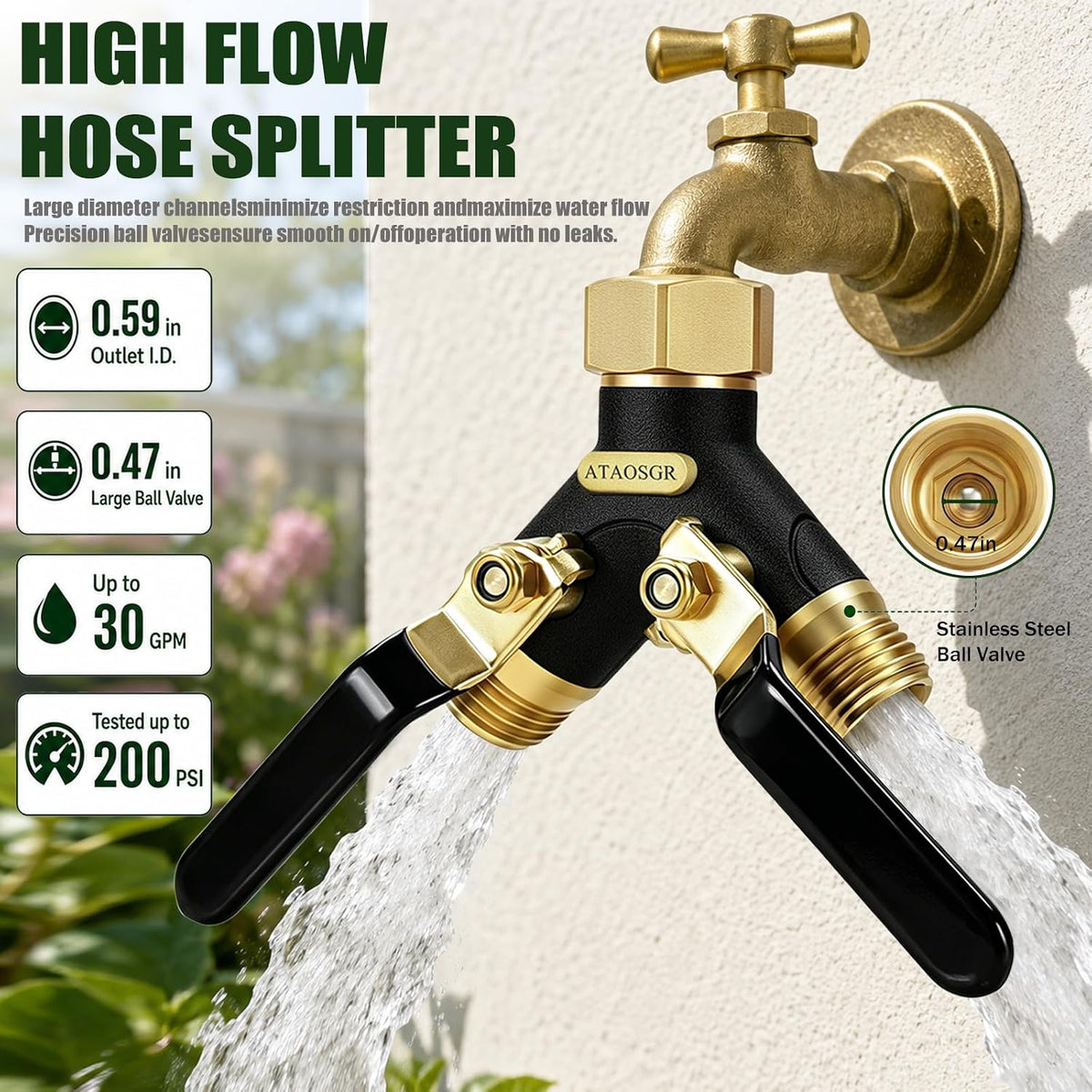 Garden Hose Splitter 2 Way Heavy Duty, Metal Body Water Hose Splitter with Shut-Off Valve, Full Flow Hose Bib Splitter, 3/4'' GHT Y Hose Connector For Outdoor Spigot Faucet