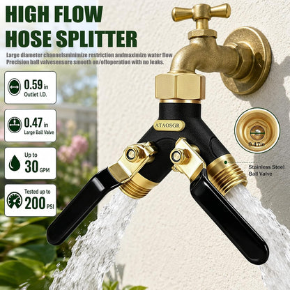 Garden Hose Splitter 2 Way Heavy Duty, Metal Body Water Hose Splitter with Shut-Off Valve, Full Flow Hose Bib Splitter, 3/4'' GHT Y Hose Connector For Outdoor Spigot Faucet