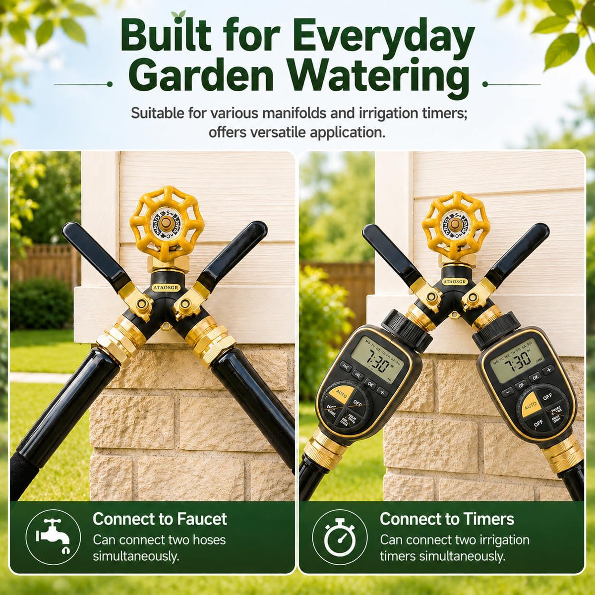 Garden Hose Splitter 2 Way Heavy Duty, Metal Body Water Hose Splitter with Shut-Off Valve, Full Flow Hose Bib Splitter, 3/4'' GHT Y Hose Connector For Outdoor Spigot Faucet