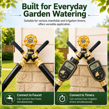Garden Hose Splitter 2 Way Heavy Duty, Metal Body Water Hose Splitter with Shut-Off Valve, Full Flow Hose Bib Splitter, 3/4'' GHT Y Hose Connector For Outdoor Spigot Faucet