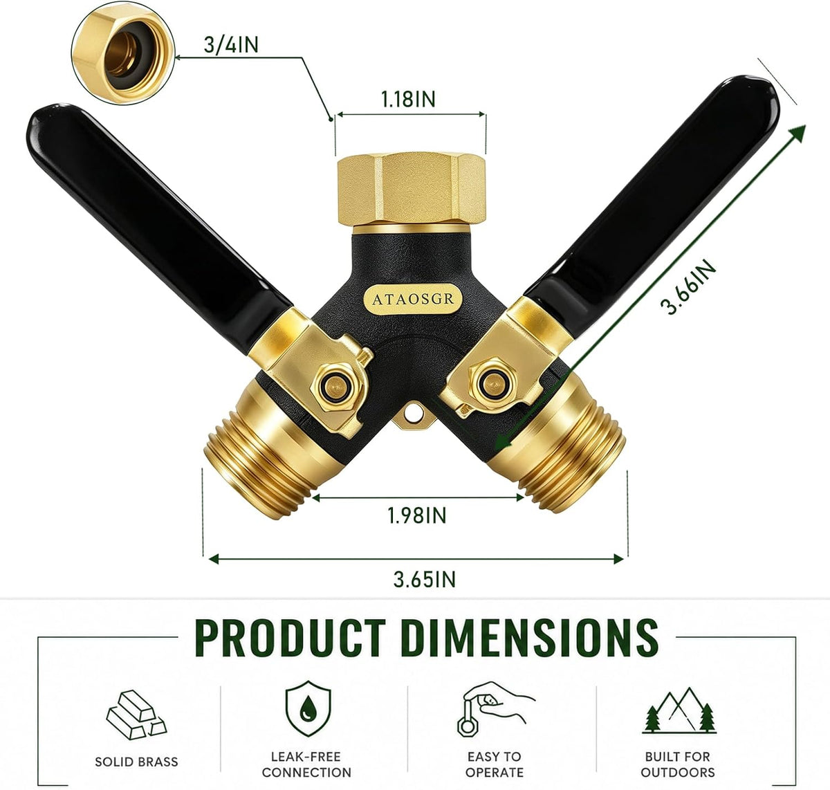 Garden Hose Splitter 2 Way Heavy Duty, Metal Body Water Hose Splitter with Shut-Off Valve, Full Flow Hose Bib Splitter, 3/4'' GHT Y Hose Connector For Outdoor Spigot Faucet