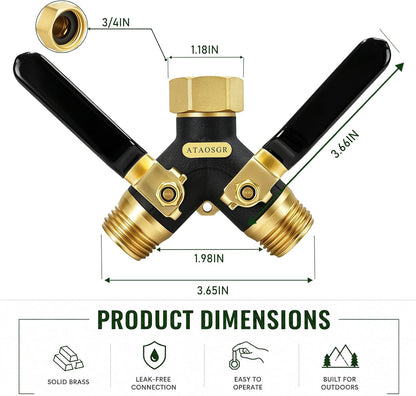 Garden Hose Splitter 2 Way Heavy Duty, Metal Body Water Hose Splitter with Shut-Off Valve, Full Flow Hose Bib Splitter, 3/4'' GHT Y Hose Connector For Outdoor Spigot Faucet