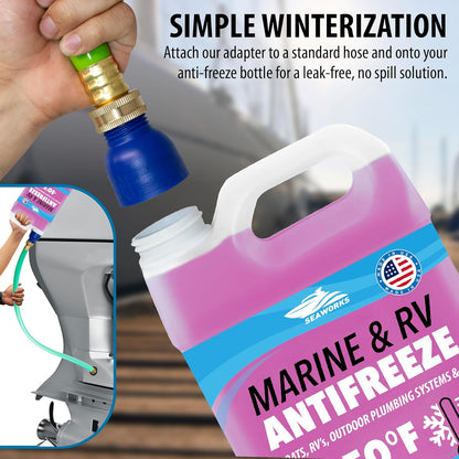 Garden Hose to Antifreeze Bottle Adapter: All-in-One Male and Female Twist Connect Adapter for RV, Camper, Marine & Garden Hose