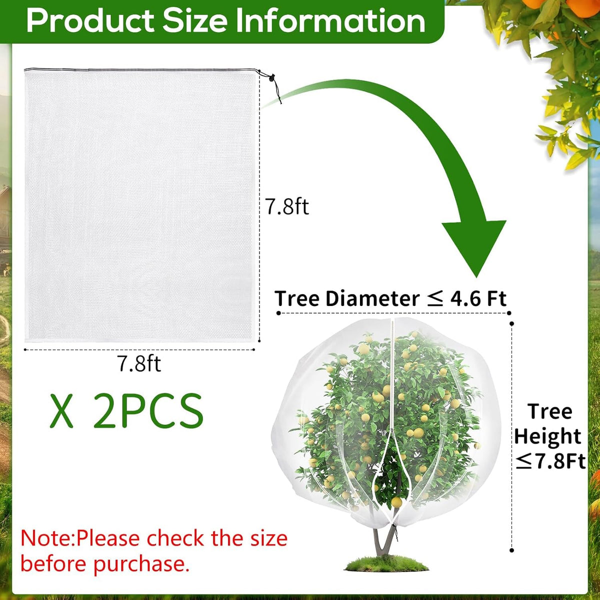 7.8 x 7.8 ft Large Fruit Tree Netting Cover with Zipper and Drawstring,Garden Insect Netting Plant Cover Transparent Bird Plant Barrier Flower Fruit Mesh Screen for Preventing Deer Squirrel Bugs